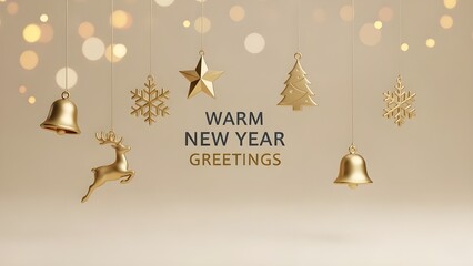 Fototapeta premium Happy New Year Elegant Minimalist Greeting Card with Gold Ornaments and Season's Greetings.