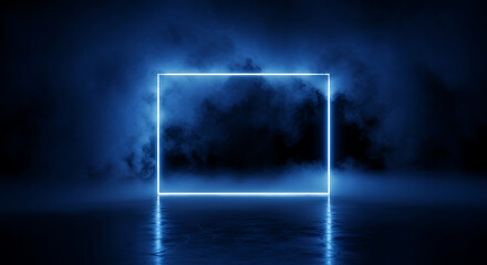 Glowing blue neon square portal surrounded by smoke and mist