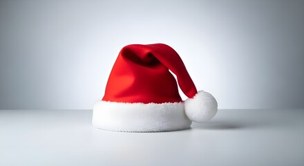 A vibrant red Santa Claus hat with a white fluffy trim, resting on a white surface.