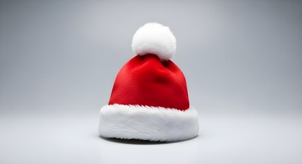 Festive Santa hat with white trim and pompom on a white background.