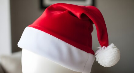 A classic red and white Santa Claus hat with a fluffy pom-pom resting on a mannequin head against a blurred background.