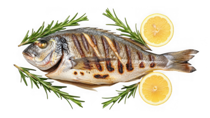 Grilled gilt-head bream fish with fragrant rosemary and fresh lemon slices, perfectly prepared for a healthy gourmet meal. isolated on transparent background