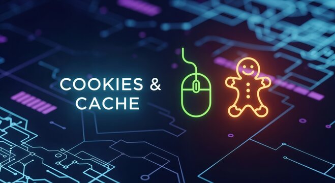 Digital concept of internet cookies and cache data storage with computer mouse and gingerbread man icons on a circuit board background