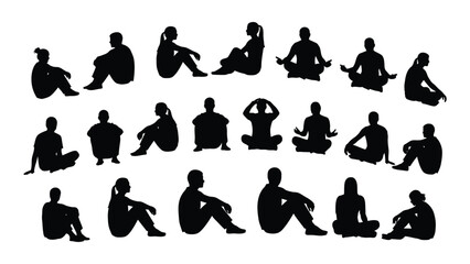 Diverse sitting people silhouettes isolated on white background, Vector