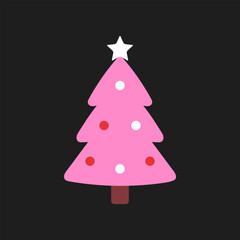 Fototapeta premium Vector illustration of cute pink Christmas tree icon with white and red ornaments and a white star on top, isolated on black background. Cute festive holiday element in flat style.