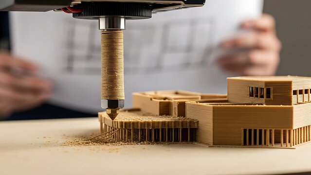 Architectural Model Printing: A 3D printer meticulously crafts a detailed scale model of a building from light brown filament, showcasing the intricate design and precision of additive manufacturing.