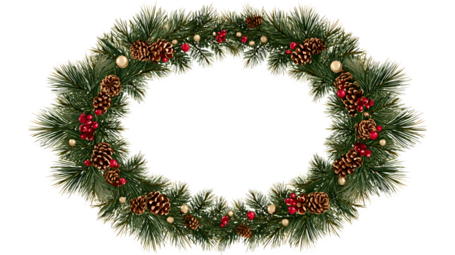Pine wreath with ornaments and blank center for text placement isolated on white background