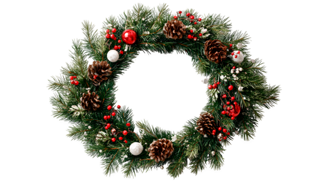 Pine wreath with ornaments and blank center for text placement isolated on white background