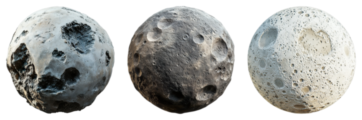 Three unique and textured moon orbs against the celestial expanse, each with its own character and allure. The varied surfaces hint at cosmic journeys and celestial secrets