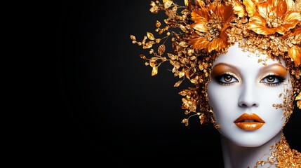 Woman is adorned with intricate golden floral headpiece and makeup against a stark black background.