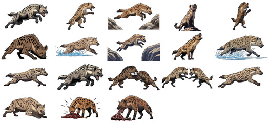 chronicles of the cackling clan a comprehensive set of hyena illustrations, isolated on transparent background