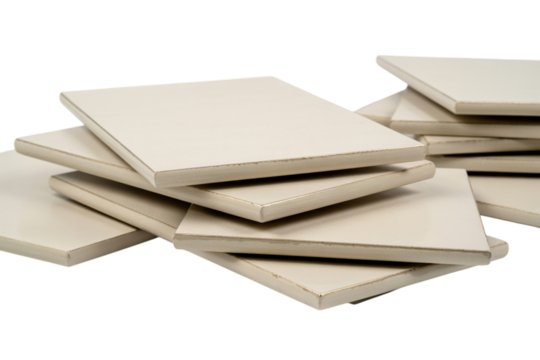 Stack of square beige ceramic tile material isolated on transparent background