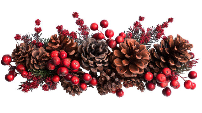 Pinecones and red berries arranged for winter decoration isolated on white background