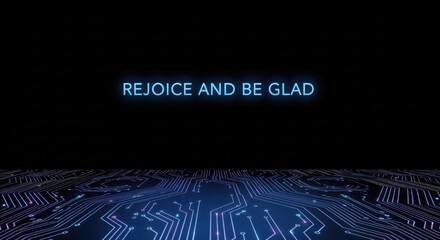 REJOICE AND BE GLAD glowing blue neon text message on a dark background with futuristic digital circuit board pattern, symbolizing hope, happiness, and technology.
