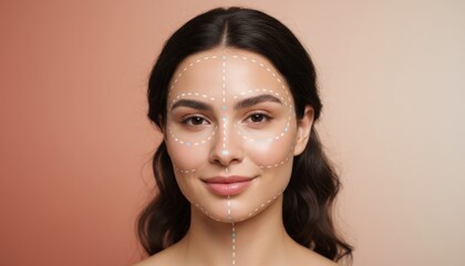 Woman's portrait with dashed lines and dots on her face, indicating cosmetic surgery areas for a facelift, anti aging, or beauty enhancement procedure