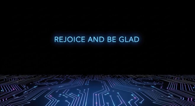 REJOICE AND BE GLAD glowing blue neon text message on a dark background with futuristic digital circuit board pattern, symbolizing hope, happiness, and technology.