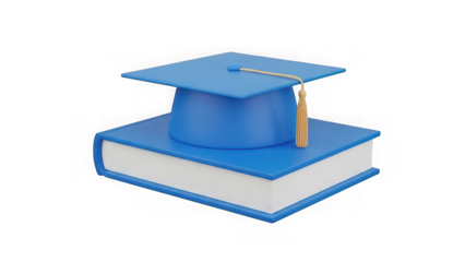 Blue graduation cap with golden tassel on a hardcover book, symbolizing academic achievement, knowledge, and education success. isolated on transparent background