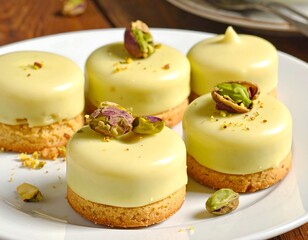 Delicious pistachio cakes with a glossy glaze displayed on a white ceramic plate