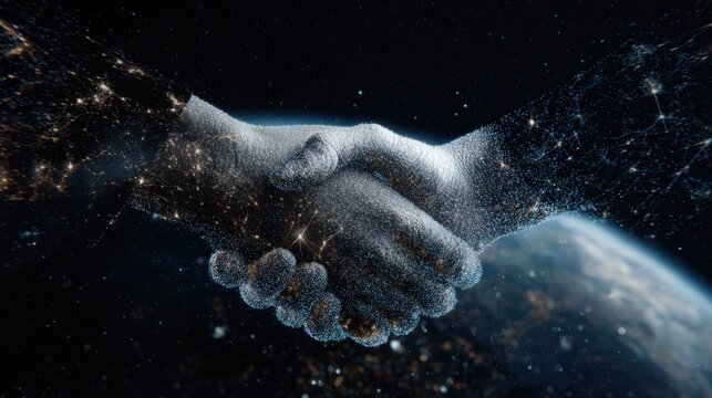 Digital handshake connecting globe and data