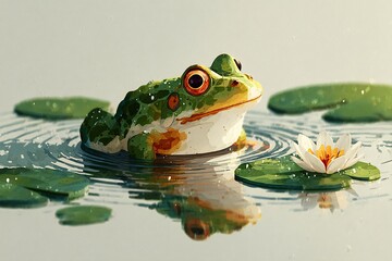 Minimalist frog vector illustration lily pad with water ripples simple green palette clean wildlife flat art