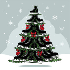 A festive Christmas tree constructed entirely from ice hockey skates.