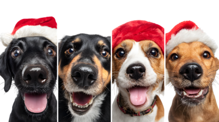 Playful dogs wearing Santa hats for Christmas portraits isolated on white background