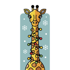 Adorable cartoon giraffe wrapped in colorful Christmas lights for the holidays.