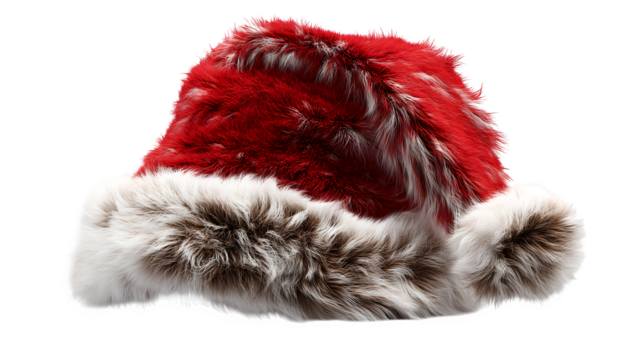 Plush Santa hat with realistic fur trim and soft shadows isolated on white background