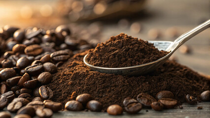 Fresh Ground Coffee with Roasted Beans &ndash; Aromatic Coffee Grounds Close-Up for Cafe & Product Branding