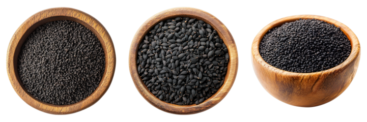 Three wooden bowls filled with black nigella seeds, perfect for cooking or adding to a healthy diet