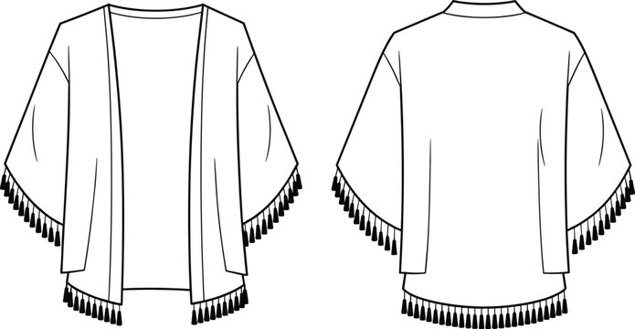 Technical flat sketch vector illustration of a fringe-trimmed kimono jacket. Front and back view of bohemian open-front shrug with wide dolman sleeves and tassels.