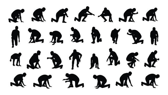 Crouching and starting pose human silhouettes isolated on white background, Vector