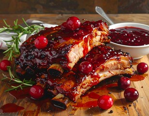 Delicious pork ribs with cranberry sauce and rosemary garnish on wooden surface