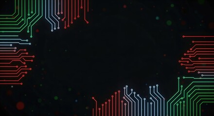 Abstract glowing circuit board lines forming a futuristic technology frame with colorful digital network patterns on a dark background