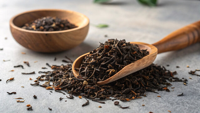 Premium Loose Leaf Black Tea &ndash; Aromatic Dried Tea Leaves in Wooden Spoon for Natural Wellness & Brewing