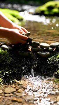 Close up of childs hands carefully stacking small stones to build a miniature dam in a beautiful natural stream with flowing water and vibrant green moss