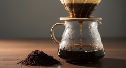 Pour Over Coffee Dripping into Glass Carafe with Grounds