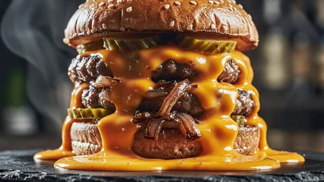 An overly messy burger stacked with multiple juicy patties, dripping rich cheese sauce, caramelized onions, and pickle slices on a sesame seed bun. Dramatic cinematic lighting highlights glossy