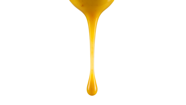 Golden viscous liquid, akin to honey or caramel, gracefully dripping, forming a perfect drop, isolated on transparent background, highlighting its smooth texture