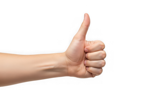 Human hand showing a positive thumbs up gesture, symbolizing agreement, success, approval, and excellent feedback isolated on transparent background