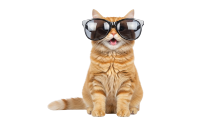 Cute ginger cat wearing sunglasses with mouth open isolated PNG with Transparent Background