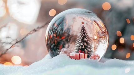 Clear glass snow globe with Christmas tree and pink gifts reflecting in a winter landscape on real snow.