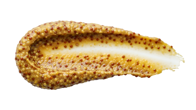 Textured whole grain mustard smear, vibrant yellow with distinct visible seeds, ideal gourmet condiment or culinary ingredient, isolated on transparent background