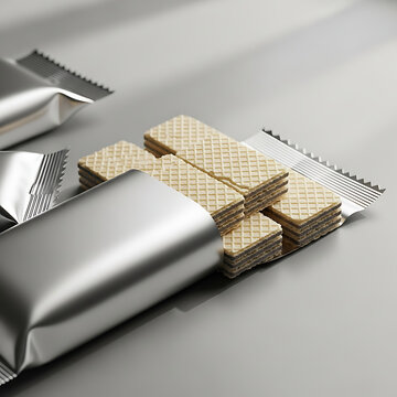 Close-up of delicious stacked wafers with creamy filling, lightly dusted with sugar, in a shiny silver wrapper