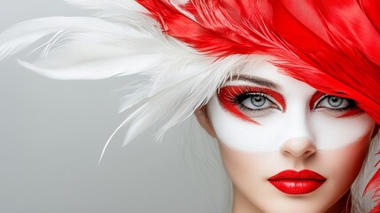 Woman is wearing white face paint and red lipstick along with a decorative feathered headpiece against a gray backdrop.