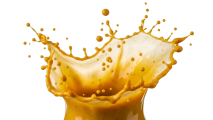 Dynamic burst of golden-orange liquid creating a spectacular splash with numerous droplets, illustrating movement and energy, isolated on transparent background