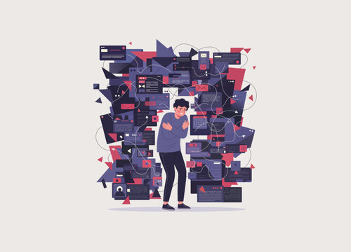 A male stands in the center, visibly distressed, hugging himself in a posture of anxiety and distress. Information Overload, Digital Anxiety, Burnout, and the Negative Impact of Constant Connectivity.