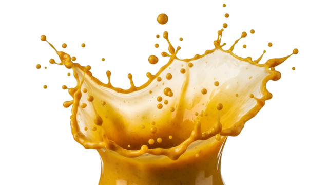 Dynamic burst of golden-orange liquid creating a spectacular splash with numerous droplets, illustrating movement and energy, isolated on transparent background