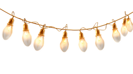 Realistic glowing string of holiday lights with soft golden bulbs isolated on white background