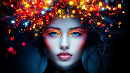 Woman portrait features glowing makeup and light effects against a dark background, creating an ethereal aesthetic.